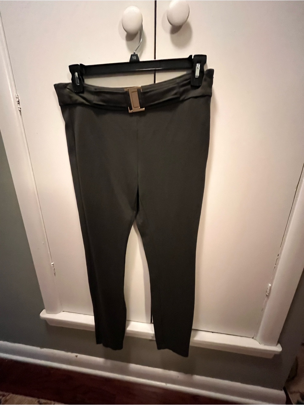 Carmen Marc Valvo Olive Belted Skinny Ponte Pants